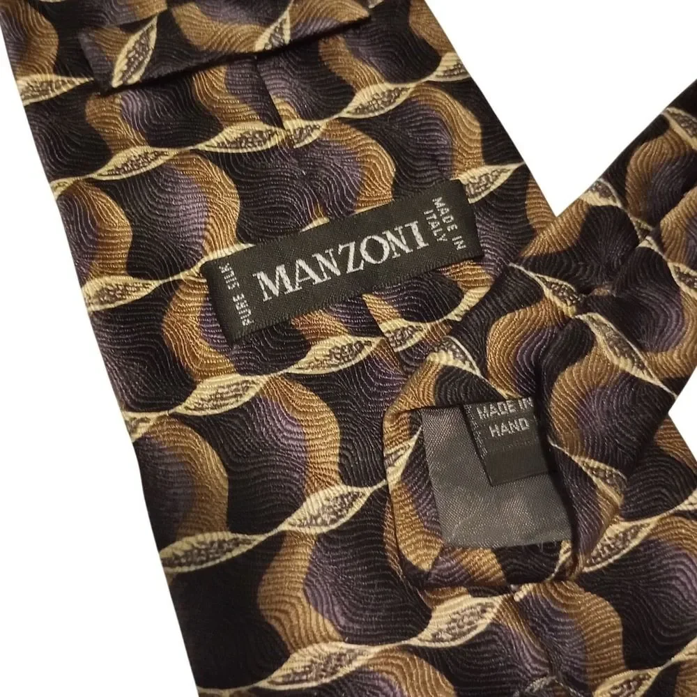 Manzoni Mens Silk Tie‎ Geometric Wave Pattern Made in Italy Handmade